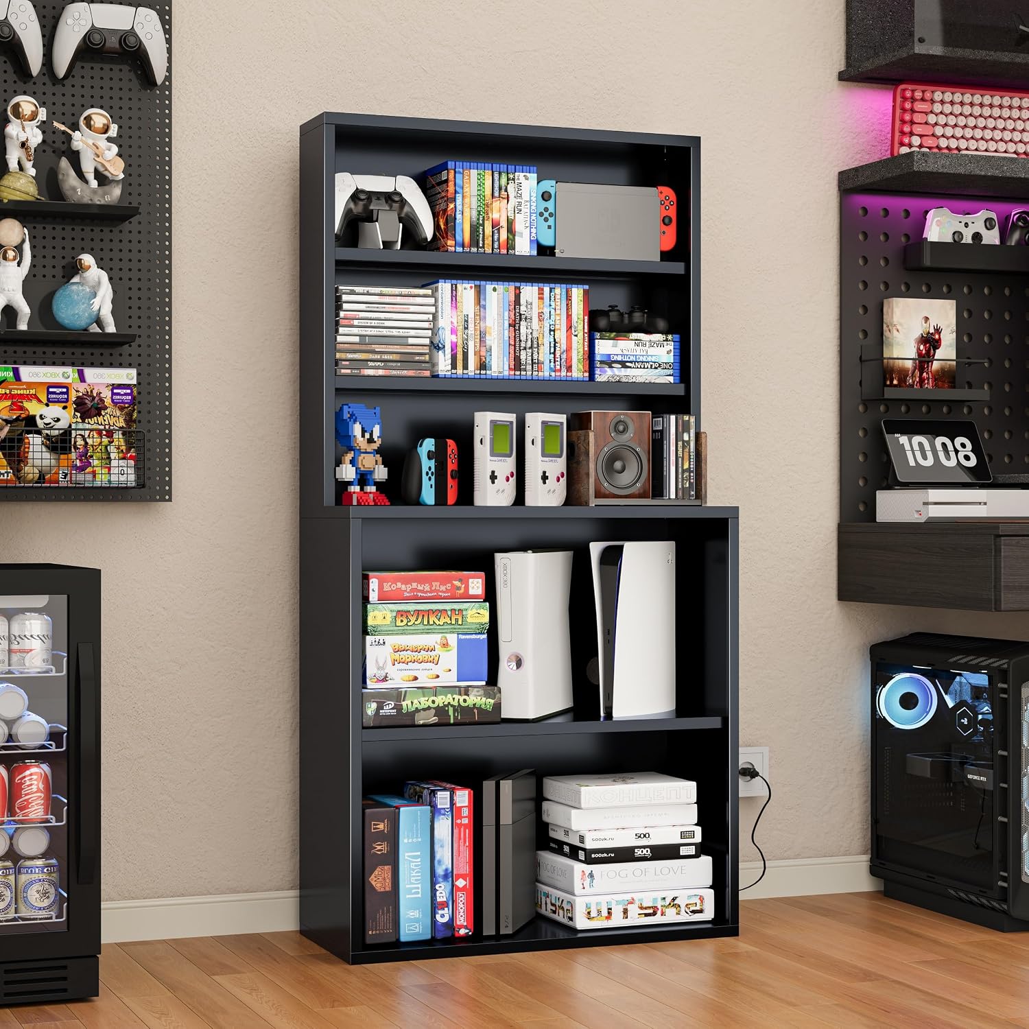 CD Storage Rack, 5-Tier DVD Organizer Shelf with Record Player Stand, Media Cabinet for CDs, DVDs, Albums, Books & Games, Vinyl Record Holder & CD Tower for Living Room, Music Room (Black)