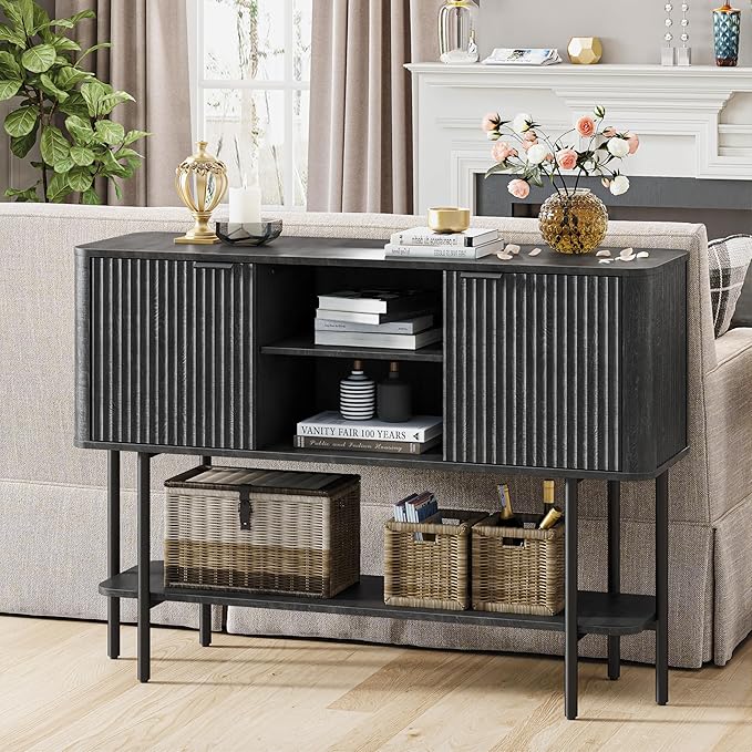 Fluted Console Table with Storage, 47" Long Entryway Table with with 2 Door Cabinets and Open Storage Shelf, Wood Sofa Table Behind Couch for Hallway Entrance Foyer Living Room, Black Grey