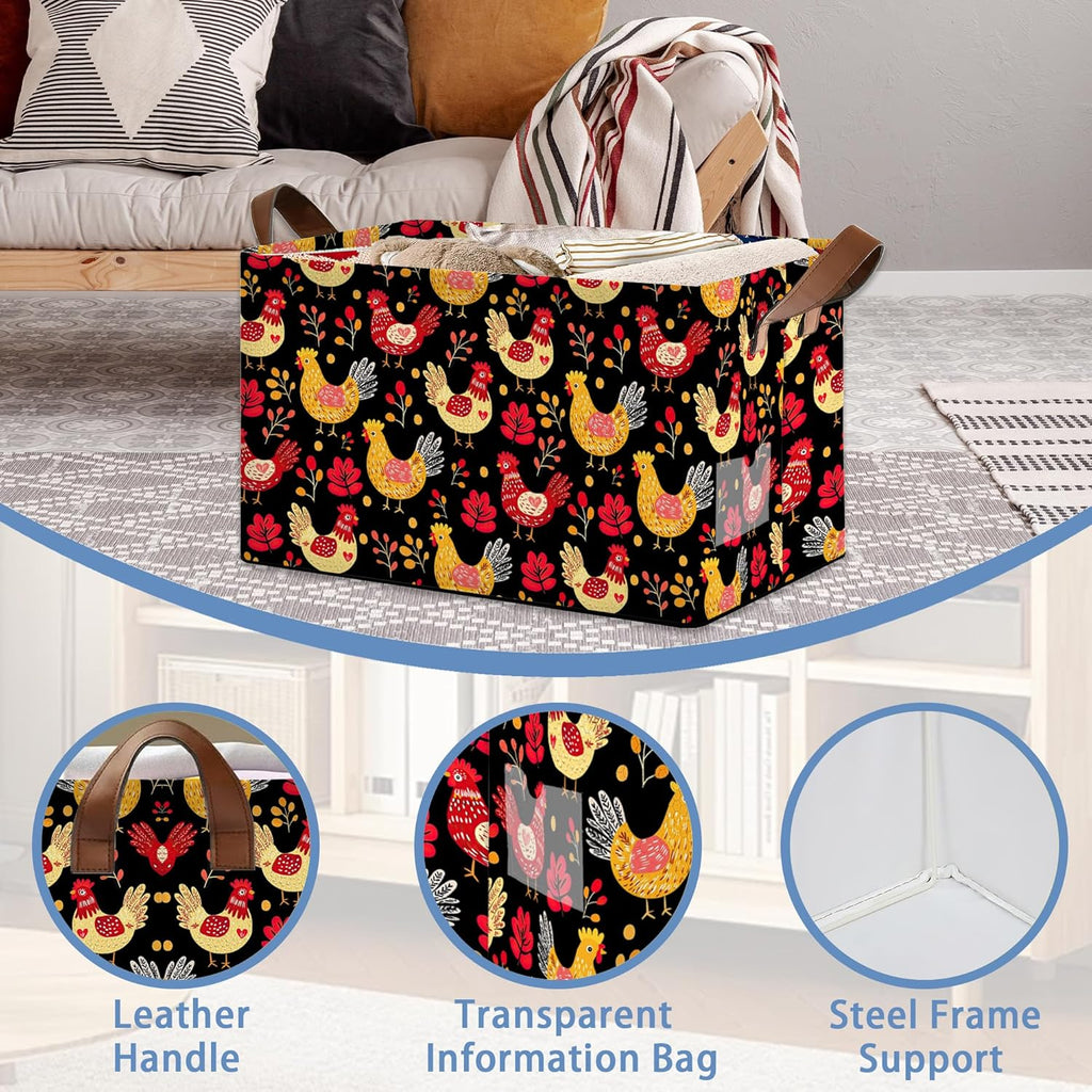 Cute Roosters Storage Basket,Leaf Collapsible Storage Bin Cubes for Living Room Bedroom Blankets Home Storage 17x11.5x10Inch