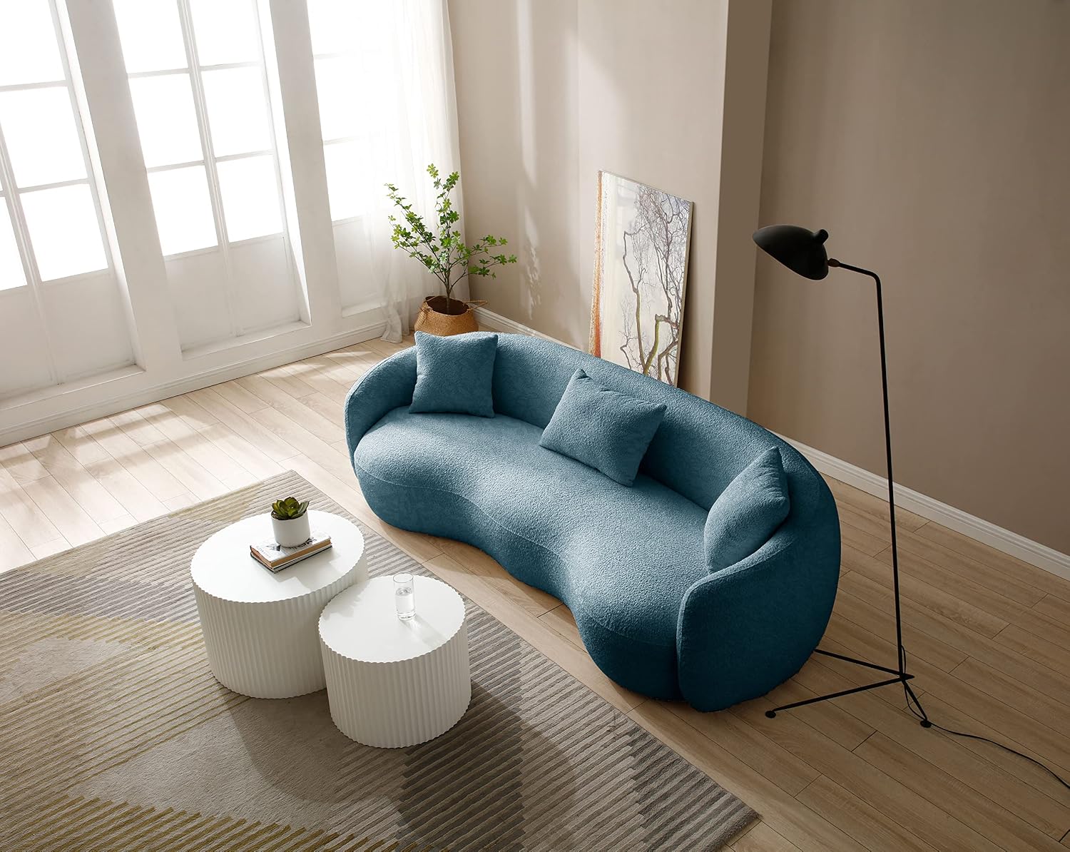 Curved Sofa, 93.6'', 4 Seater, Boucle, Modern, Blue, for Reception Place | 93.6'' Modern Boucle Curved Sofa for Living Room, Luxury Modern Comfy Curved Couch for Apartment, Reception Place