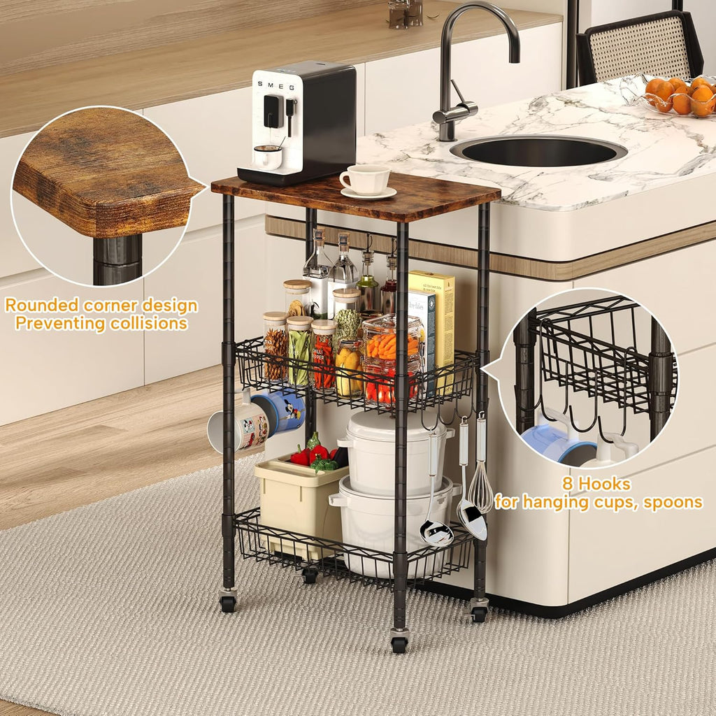 Homeiju Rolling Kitchen Storage Cart, 3-Tier Storage Rack on Caster Wheels with Adjustable 2 Baskets, Coffee Station Cart Rack Shelf Organizer for Living Room Office, Balcony, Rustic Brown/Black