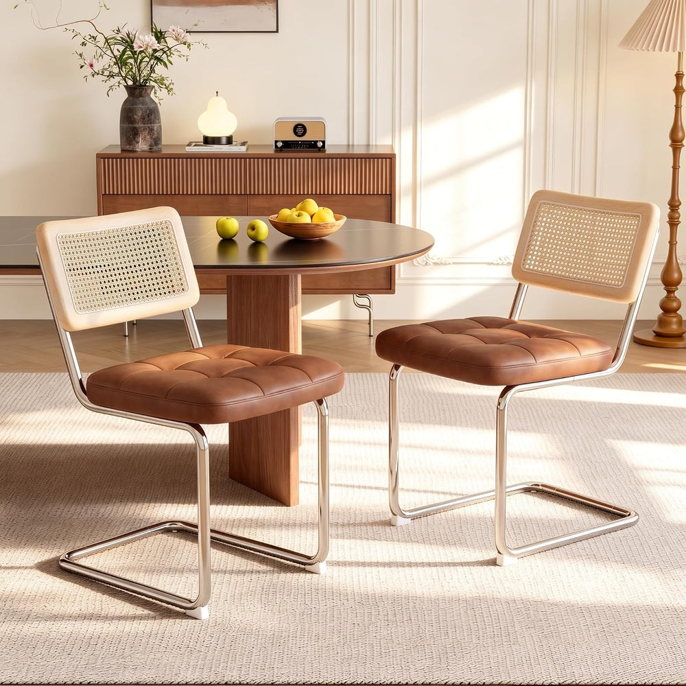 Rattan Dining Chairs, Faux Leather Dining Chairs Set of 2, Brown