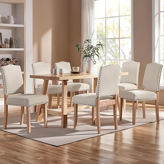 Yaheetech Upholstered Dining Chairs Set of 6 Classic Fabric Kitchen Chairs with Nailhead Trim and Wooden Legs for Dining Room/Living Room/Restaurant/Apartment, Beige