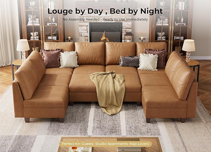 SITJOY 118" Faux Leather Modular Sectional Sofa with Storage, Mid Century Modern Sectional Couches for Living Room, Soft Padded Armrests, Oversized 10 Seat U Shaped Sofa Bed with Chaise, Brown