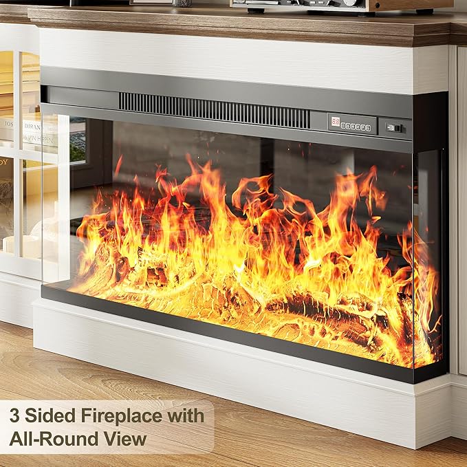 98" Farmhouse TV Stand with 36" Electric Fireplace, Bookshelves, Fits 75" TVs, Entertainment Center with Storage Cabinet, Large Wall Unit Media Console for Living Room, White
