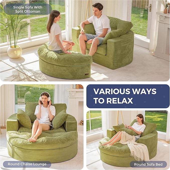 MAXYOYO Modular Sectional Chaise Lounge Sofa, Round Upholstered Lounge Chair with Ottoman, Comfy Couch with Layered Cushion, Tufted Sleeper Chair for Living Room, No Assembly, Green