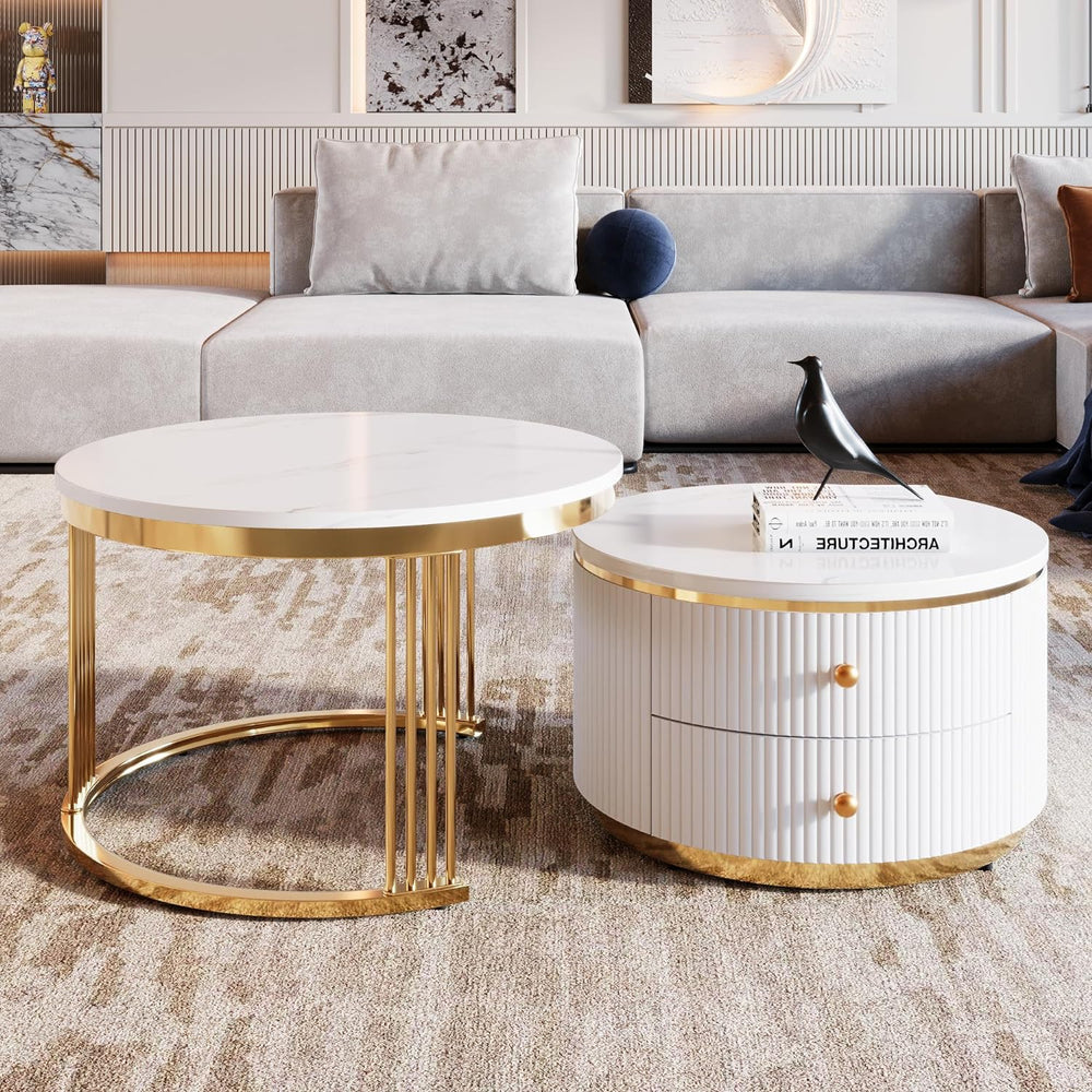 WILLIAMSPACE 27.6" Round Nesting Coffee Table with 2 Drawers, Modern Woo...