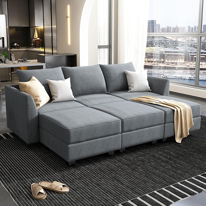 HONBAY Modular Sectional Sleeper Sofa with Storage, Convertible Modular Sectional Sofa with Reversible Chaise Sectional Couch for Living Room, Bluish Grey