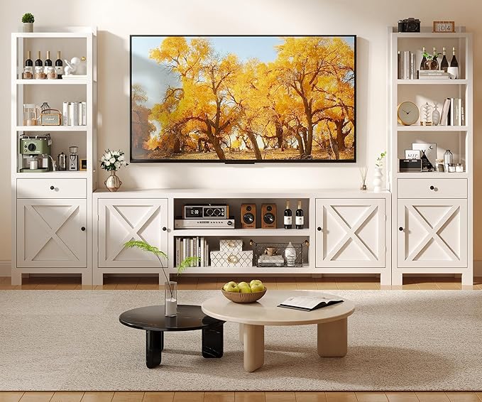 94" W Entertainment Center with Bookshelves & Storage, Large Wall Unit TV Stand for TVs up to 70", Modern White Wood Media Console with Power Hub for Living Room (White)