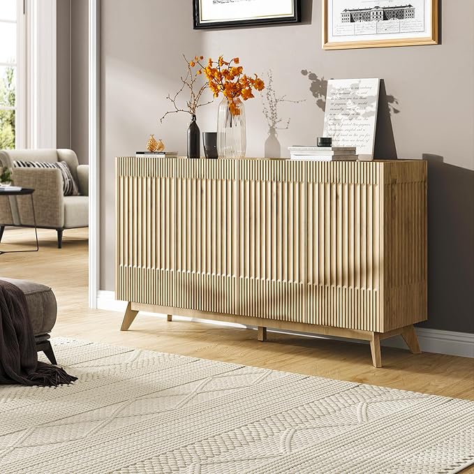 65" Large Sideboard Buffet Cabinet with Storage, Set of 2 Modern Fluted Credenza Buffet Tables with Doors & Adjustable Shelves for Living Room, Kitchen, or Dining Room, Natural Oak