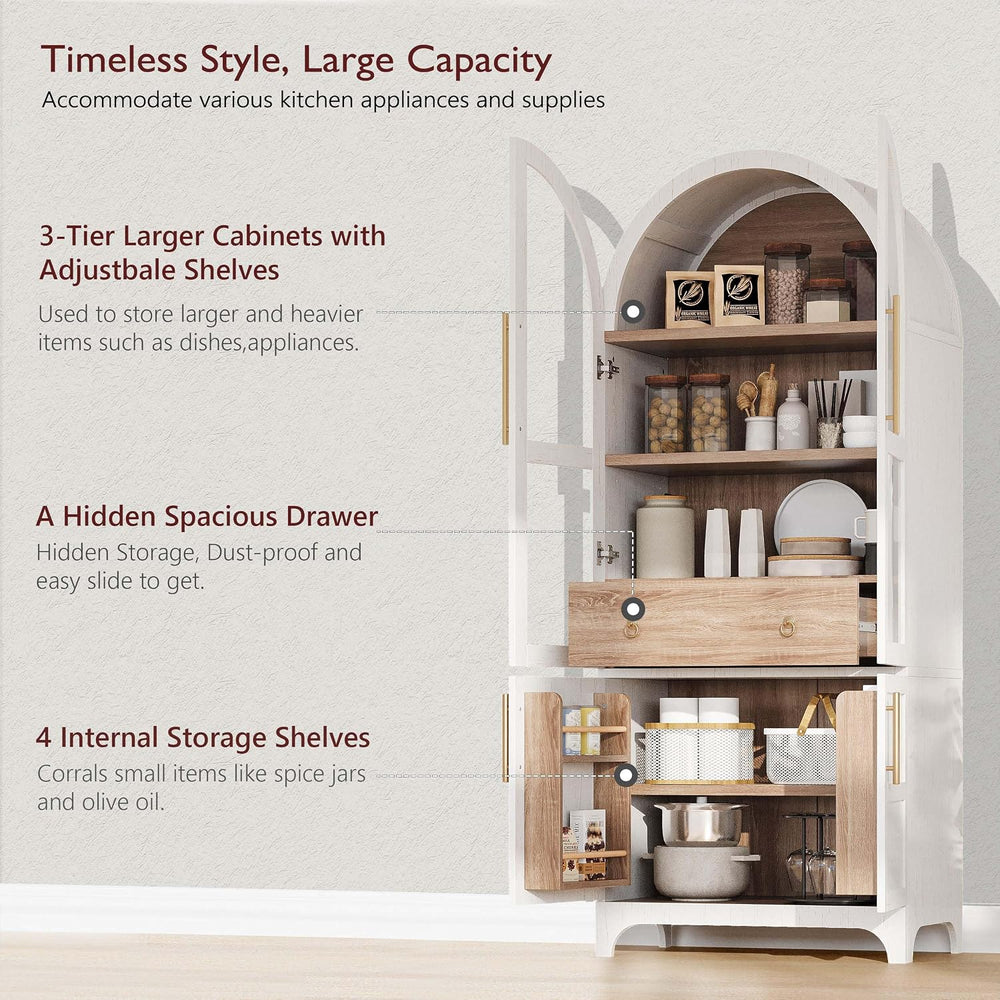 71" Tall Arched Cabinet with Glass Doors, Farmhouse Kitchen Storage Cabi...