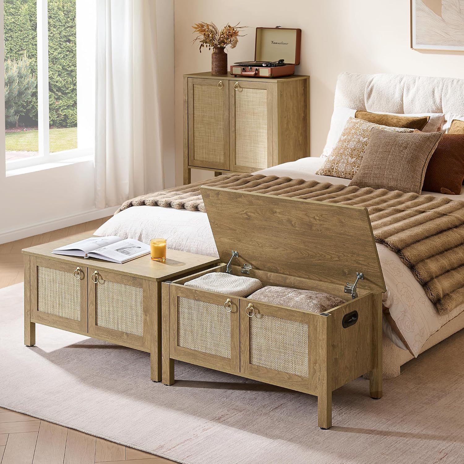 SICOTAS Rattan Storage Bench Boho Storage Chest with 2 Safety Hinges | Wood Storage Truck Box for Bedroom, Living Room, Entryway, Supports 220 lb