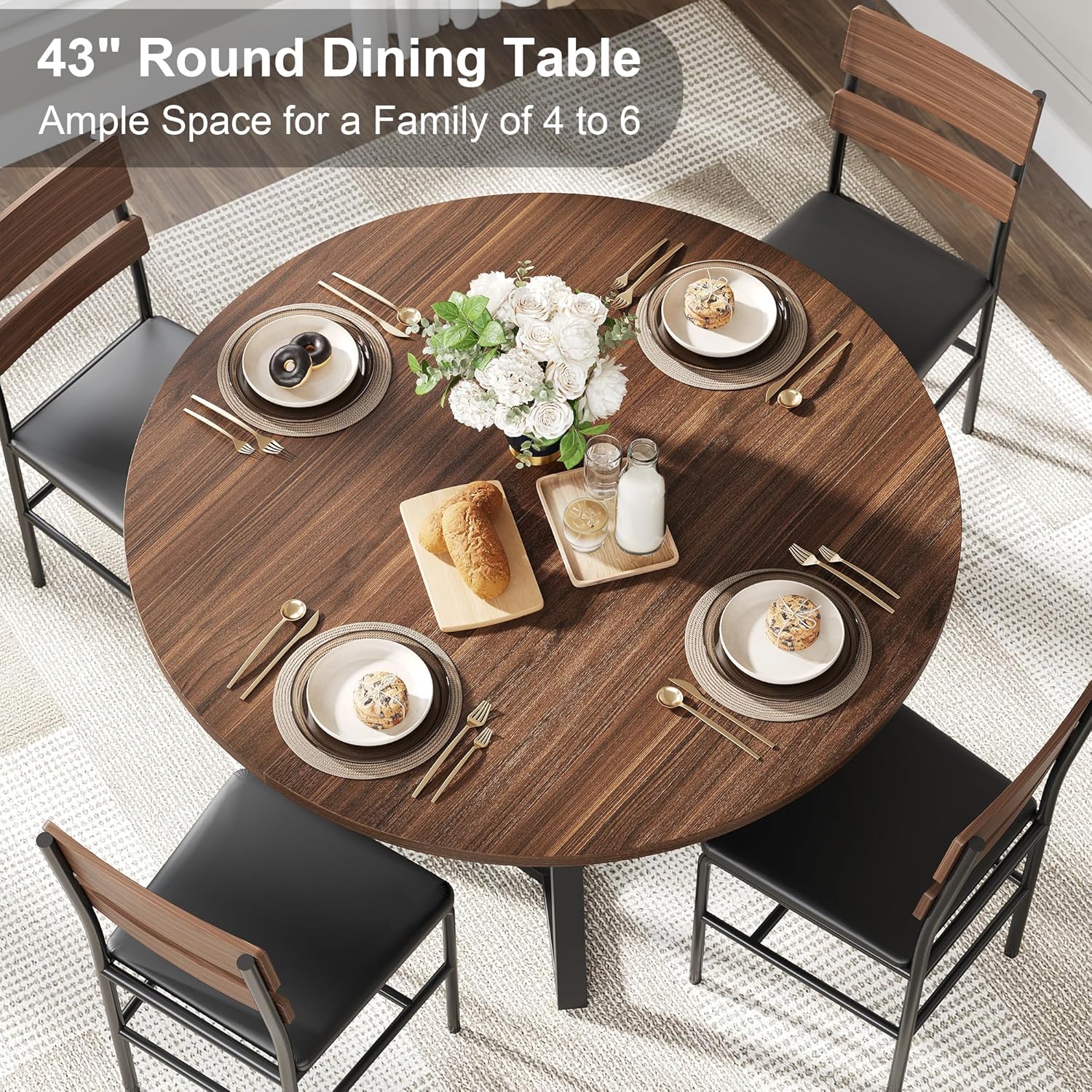 knoworld 43" Round Dining Table for 4, Kitchen Tables Dining Room Circle Dinner Table with Pedestal Metal Frame, Space Saving Wood Industrial Kitchen & Dining Room Tables, Walnut 43In