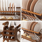 HBlife Dish Rack,Teak Folding 2-Tier Collapsible Drainer Dish Drying Rack with Utensils Flatware Holder Set