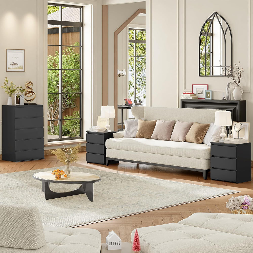 FOTOSOK Nightstands Set of 2, Black Nightstand with 3 Drawers for Bedroom | B...