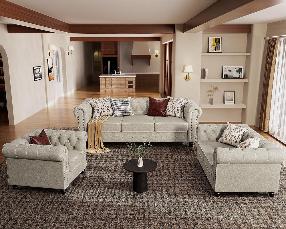 Morden Fort 3 Piece Classic Chesterfield 6-Seater Set, Tufted Chair & Lov...