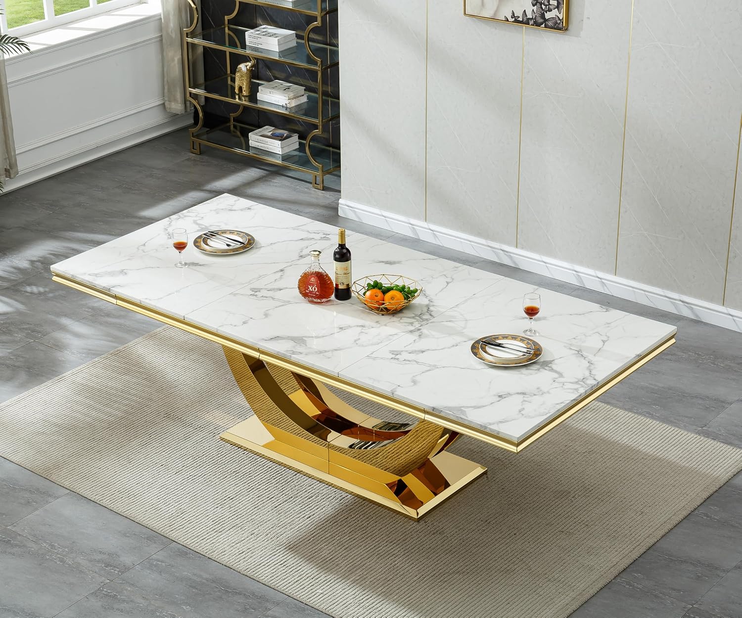 94 Inch White Marble Dining Table for 6-10 People, Modern Extra Long Rectangular Kitchen Table w/Faux Marble Top & Gorgeous Mirrored Stainless Steel Base, Large Rectangular Gold Dining Room Table