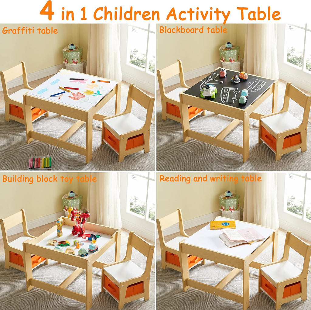 GTOLV Kids Table and Chair Set, 3 in 1 Wooden Activity Table with Storage Drawer for Toddlers Drawing, Reading, Crafts, 2 in 1 Detachable Tabletop Table Set for Nursery, Playroom (Natural)