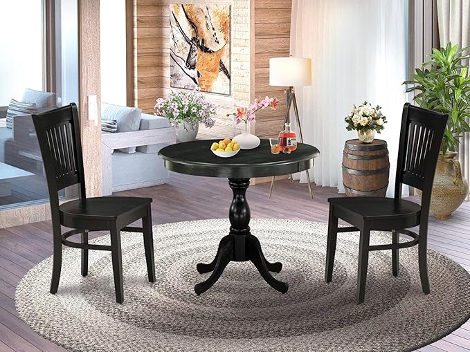 East West Furniture AMVA3-BLK-W 3 Piece Dining Table Set for Small Spaces Contains a Round Kitchen Table with Pedestal and 2 Dining Chairs, 36x36 Inch, Black