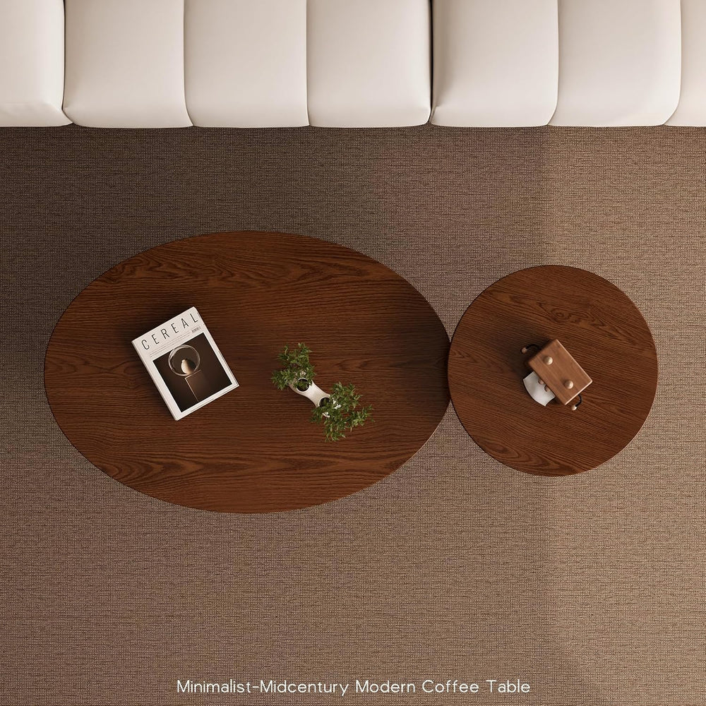 2 Pcs Small Oval Coffee Table,31.5" Retro Walnut Coffee Tables Nesting T...