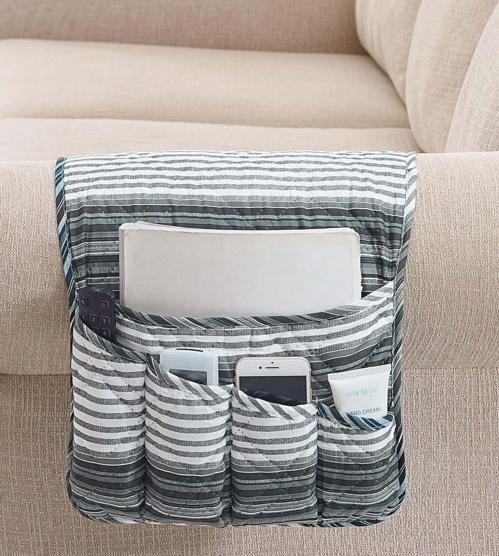 Brilliant Sunshine Multi Grey Stripes Patchwork Couch Armrest 5 Pockets Organizer, Slip Resistant Armchair Caddy, Washable Remote Controls Holder, Storage for Magazine, Tablet, Phone, iPad, Multi Grey