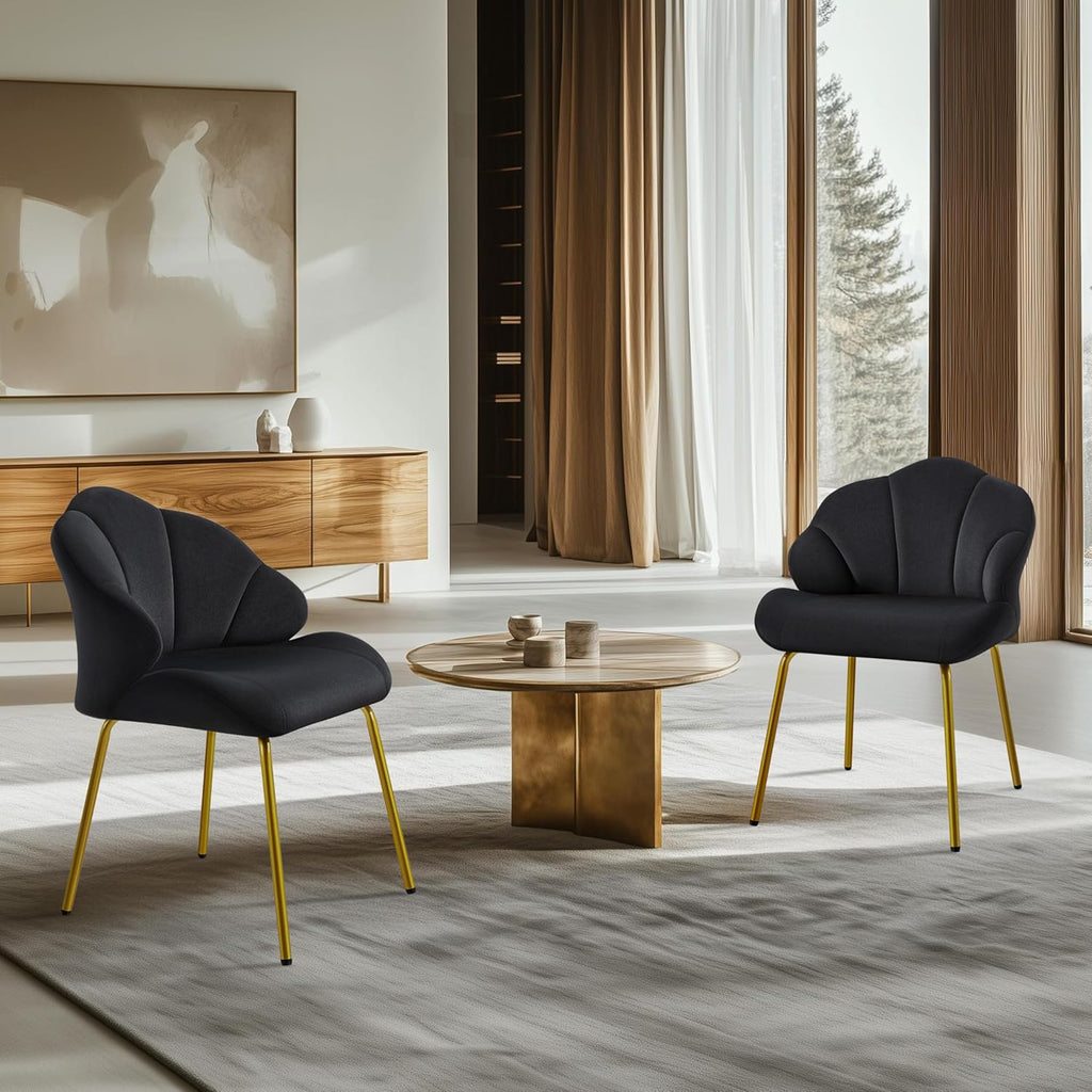 Yaheetech Flower Shape Vanity Chair with Petal Armrests, Black | Velvet Makeup Chair no Wheels with Golden Metal Legs, Modern Side Armchair with Back for Living Room/Bedroom/Home Office