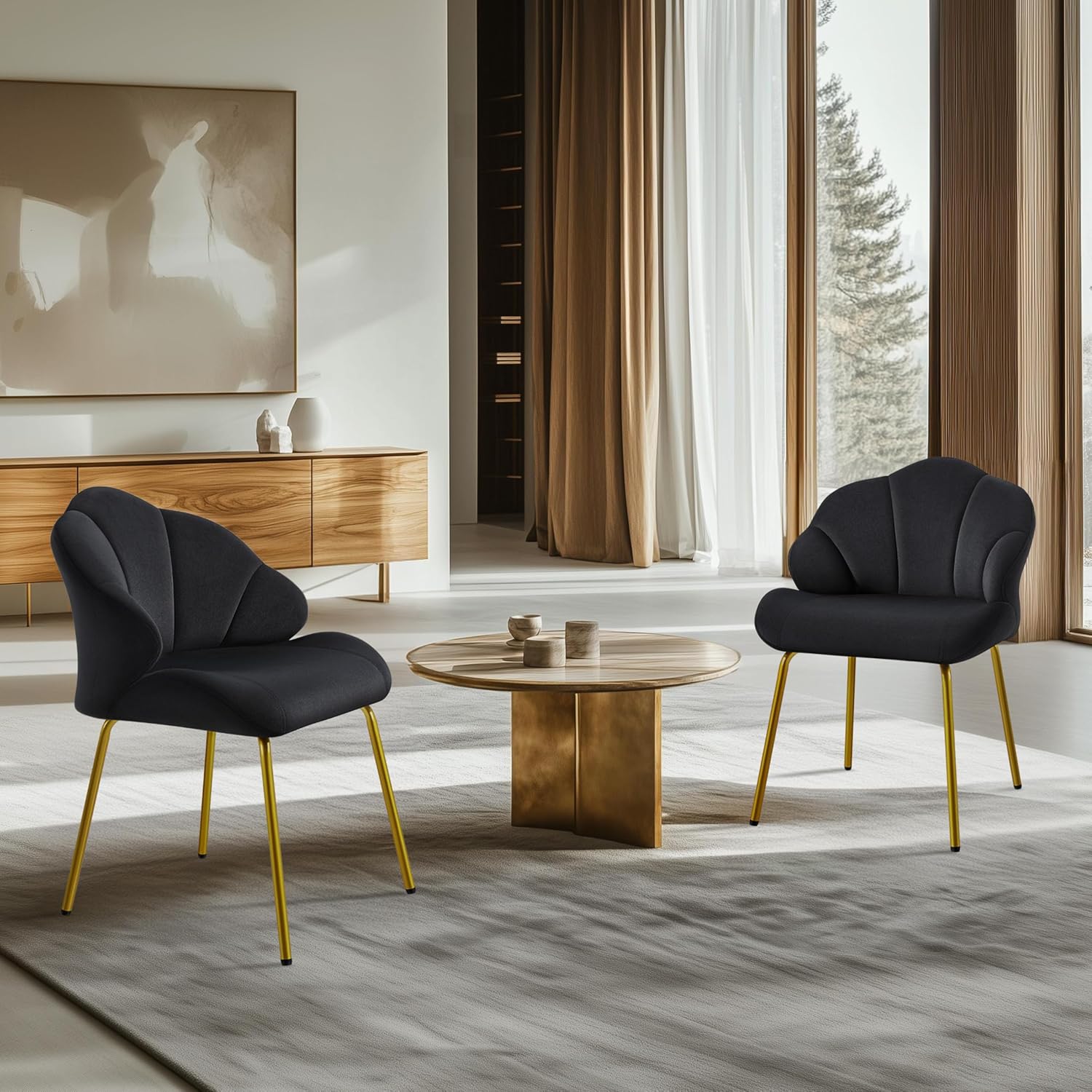 Yaheetech Flower Shape Vanity Chair with Petal Armrests, Black | Velvet Makeup Chair no Wheels with Golden Metal Legs, Modern Side Armchair with Back for Living Room/Bedroom/Home Office
