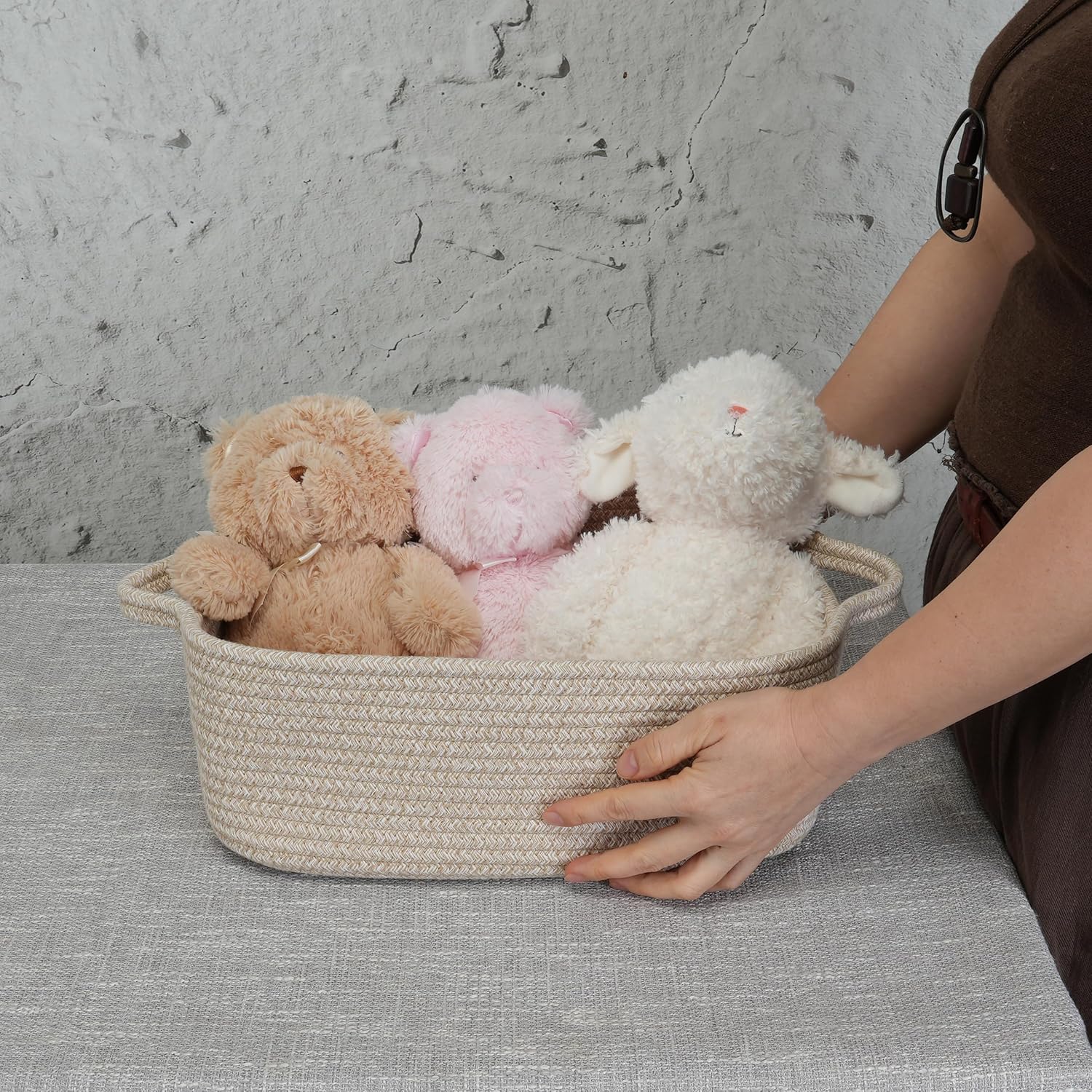 XUANGUO Medium Woven Cotton Rope Storage Basket with Handles, Oatmeal | Small decorative rectangle storage bin for baby nursery items and cat toys; ideal as an empty gift basket or dog toy basket