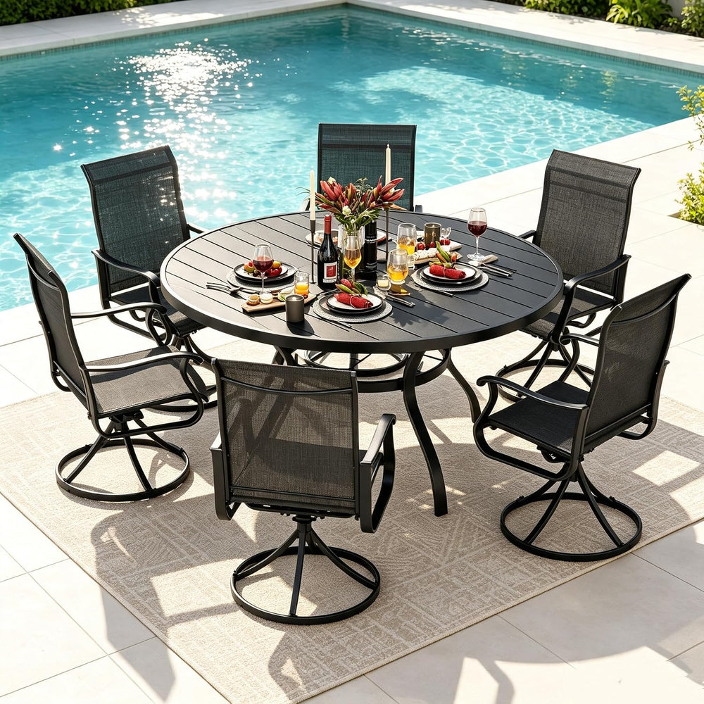 7-Piece Outdoor Patio Dining Set, All Weather Round Metal Table & 6 Black...