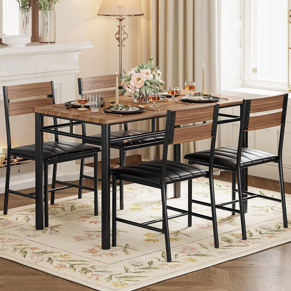 IRONCK Dining Table Set for 4, Walnut | Wood Kitchen Table with Upholstered C...