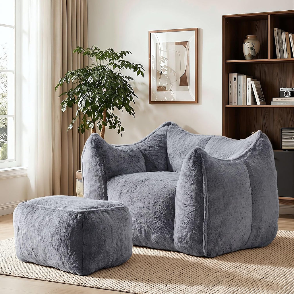 WELAX Giant Bean Bag Chair for Adults Teens – Fluffy Plush Large Bean Bag Sofa Chairs with Ottoman, Comfy Reading & Gaming Beanbag Couch for Bedroom Living Room, Dark Gray