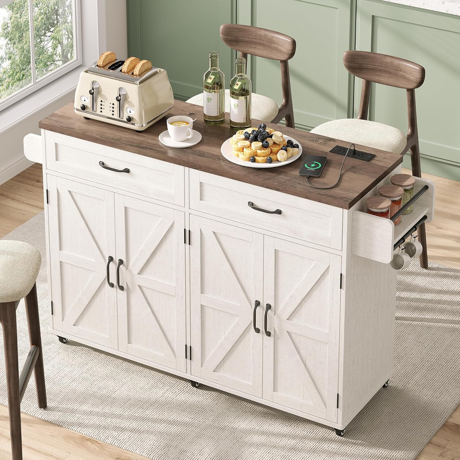 Mobile Kitchen Island, Kitchen Island Cart with 2 Drawers and Charging Station, Island Table for Kitchen, Home Bar Carts with Storage, Kitchen Rolling Island with Spice Rack and Towel Rack,White
