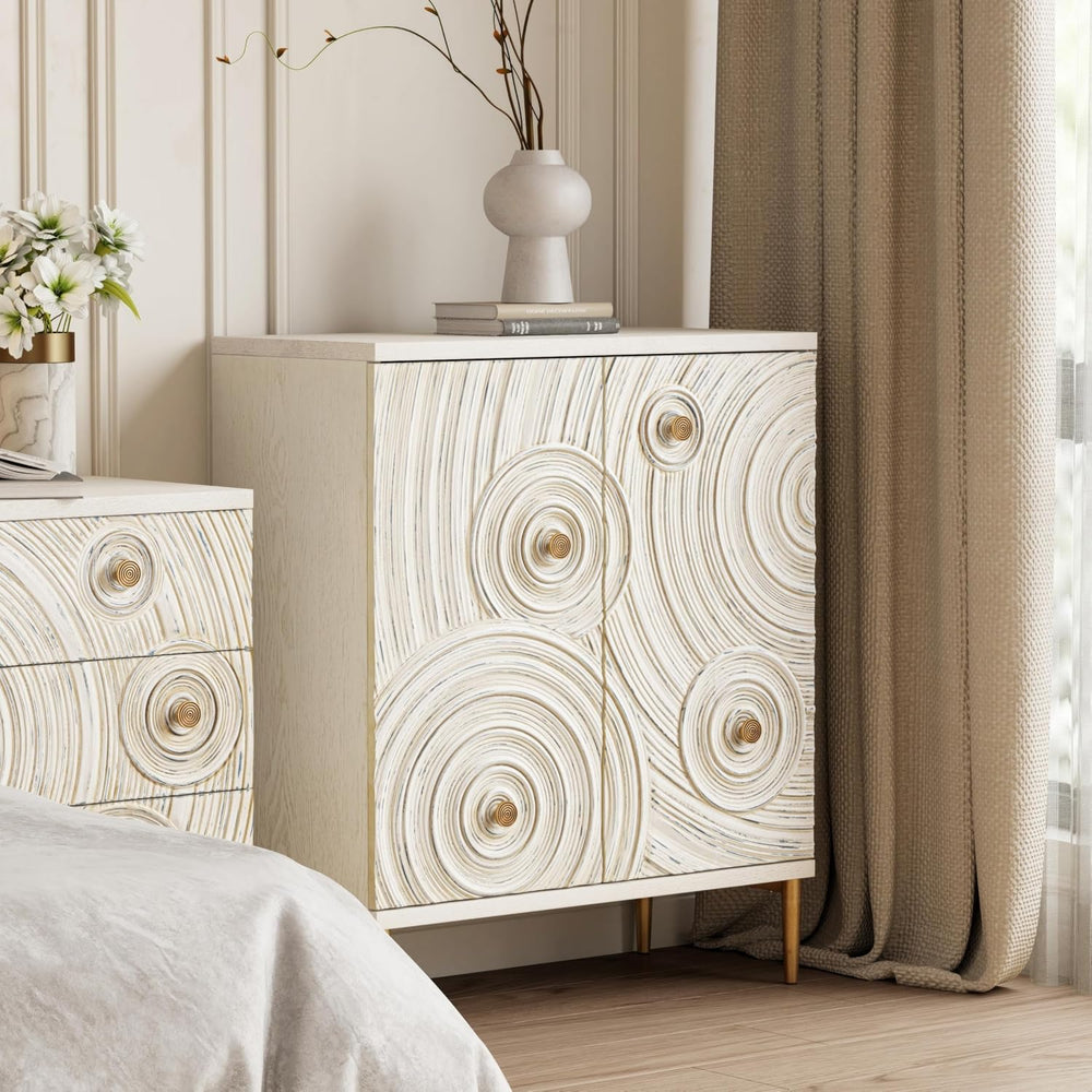 Aoikax Boho Embossed 2 Door Storage Cabinet with Ring Motif, White and Gold