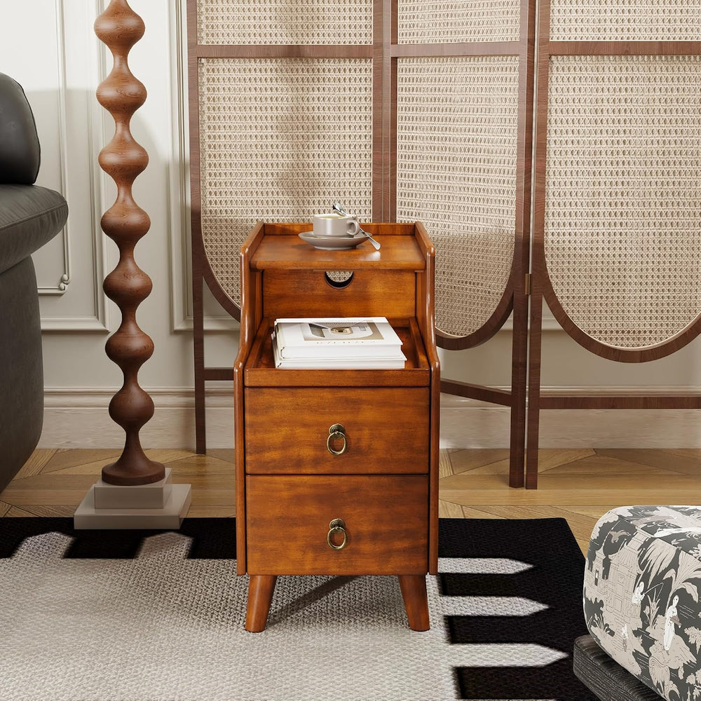 Narrow End Side Table with 2 Drawers and Pull-Out Tray, No-Tools Assembly Sof...