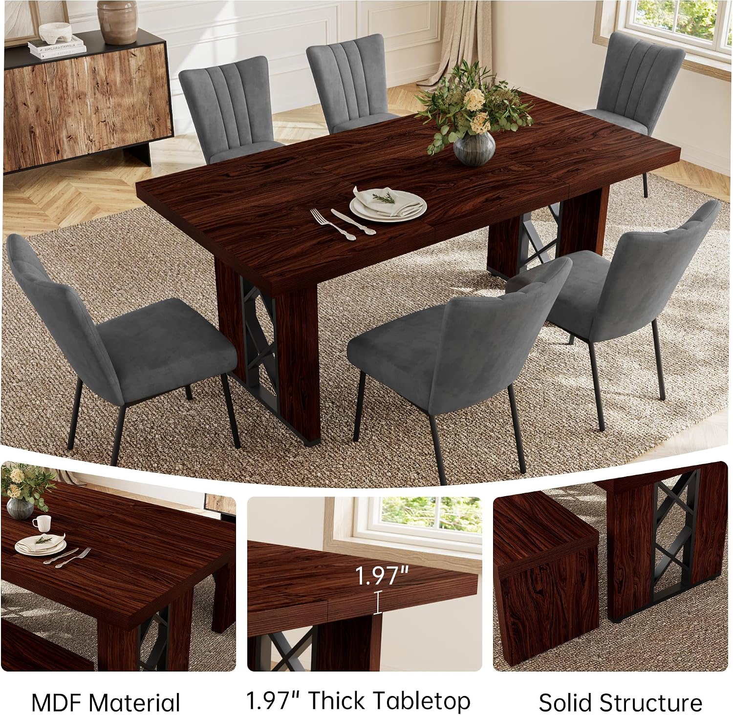 HIPIHOM 7-Piece Dining Table Set for 6, Walnut Table with 6 Grey Chairs | Thick MDF Tabletop, Rectangle Kitchen Table Set with Metal Legs for Breakfast Nook, Dining Room, Kitchen, Apartment