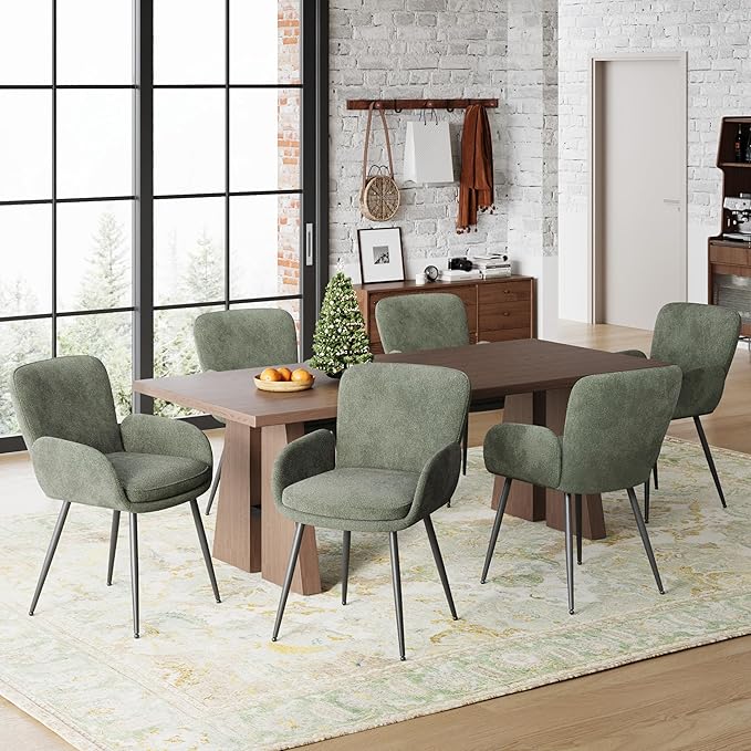VKNOW Modern Dining Chairs Set of 6, Upholstered Dining Room Chair with Armrest, Kitchen Chairs with Curved Ergonomics Backrest for Living Room, Dining Room, Kitchen, Green