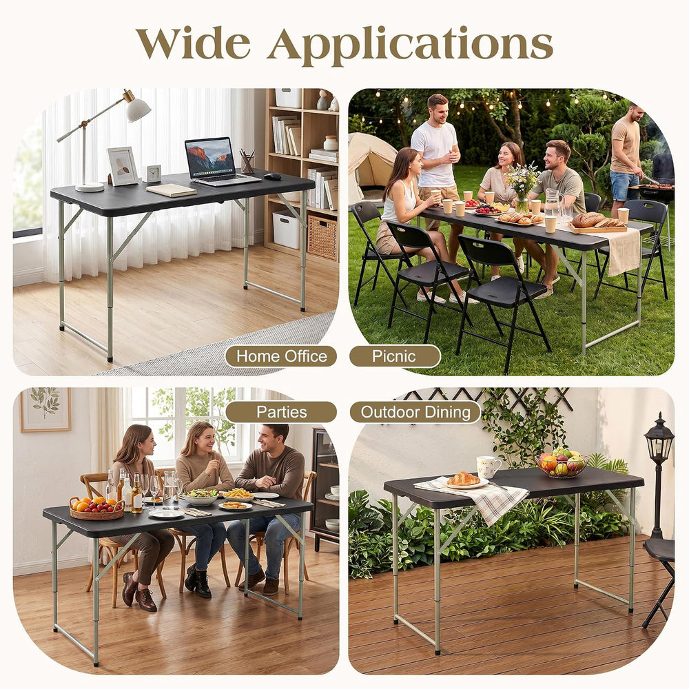 VECELO Folding Table 4 Ft, 3 Adjustable Height, Portable w/Handle, Black | Fo...