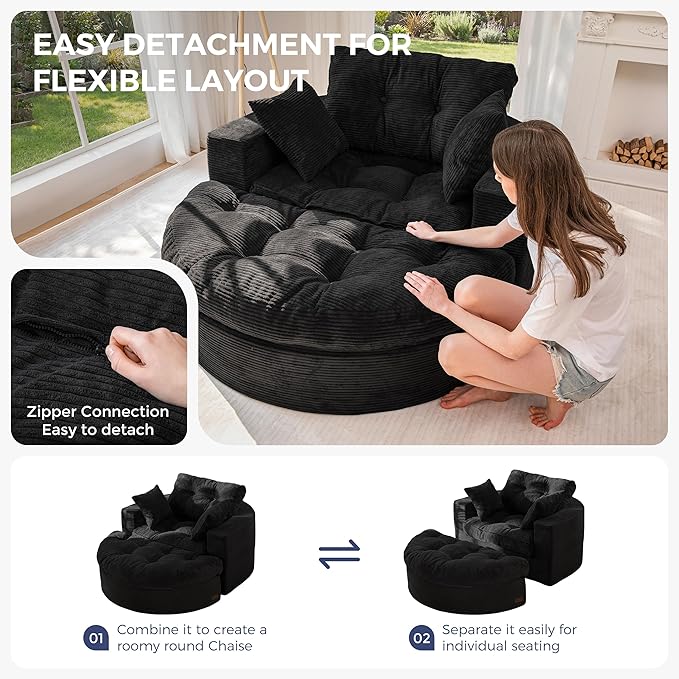 MAXYOYO Modular Sectional Chaise Lounge Sofa, Round Upholstered Lounge Chair with Ottoman, Comfy Couch with Layered Cushion, Tufted Sleeper Chair for Living Room, No Assembly, Black