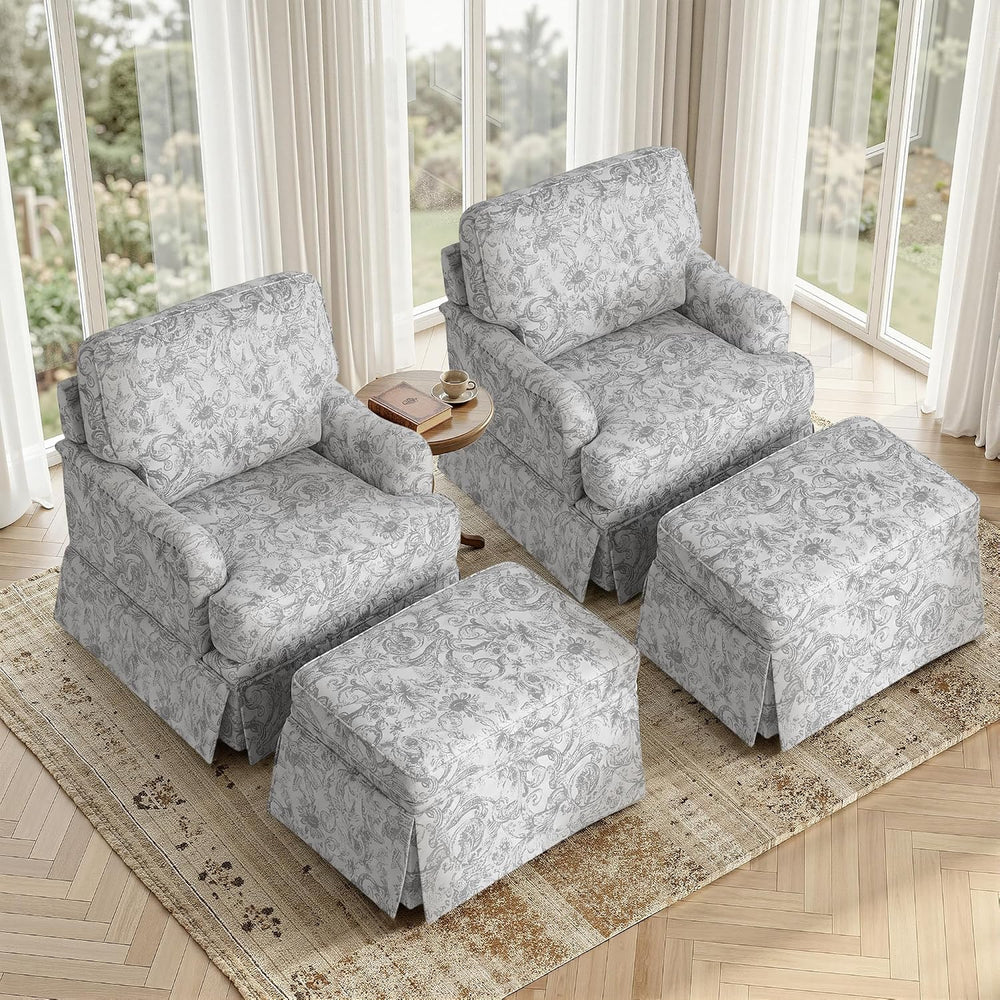 Swivel Accent Chairs with Ottoman, Set of 2, Rococo Light Gray