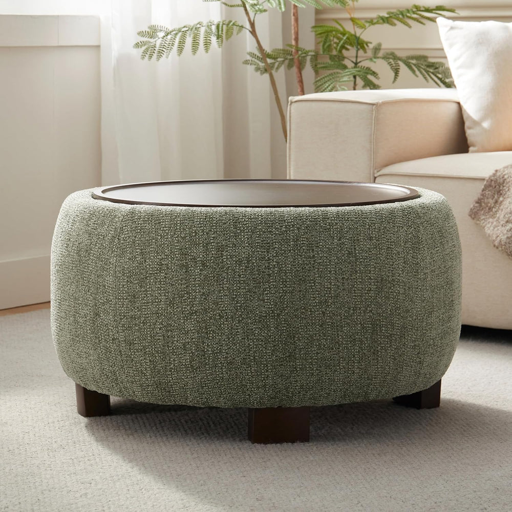 VKNOW 30 Inch Fabric Round Storage Ottoman with Wood Lift-Off Lid, Green | Mo...