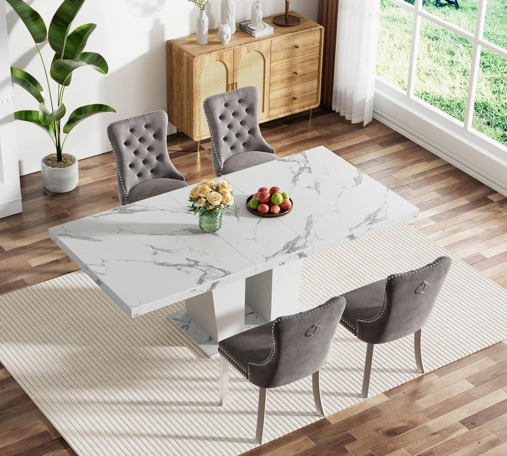 White Faux Marble Dining Room Table Set for 4, 5-Piece 63"-78.74" E...
