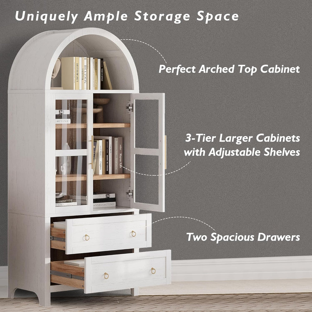 71" White Arched Farmhouse Kitchen Pantry Cabinet with Glass Doors &...