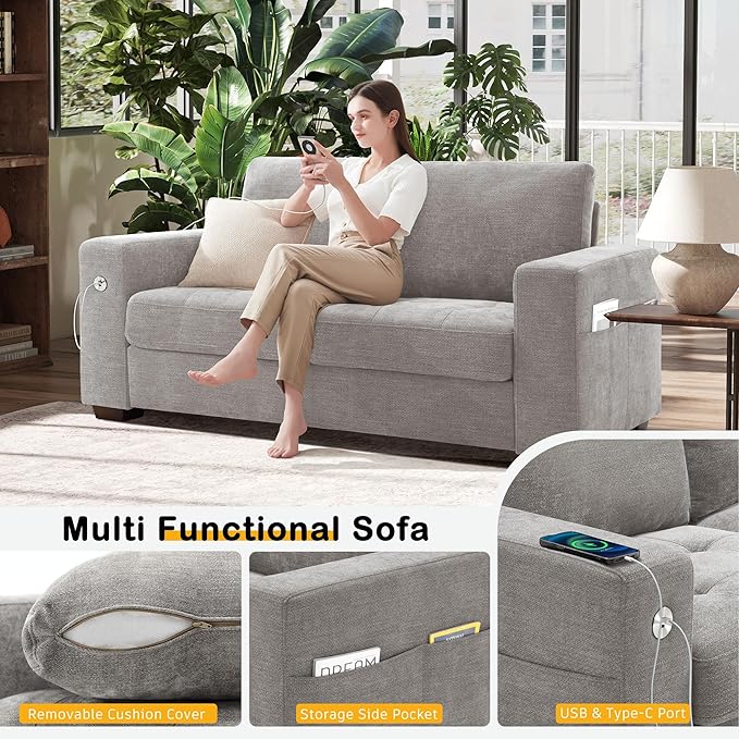 Hanherry 70" Loveseat Sofa for Living Room, Modern Comfy Couch with Medium Firm Seat Cushion, Removable Cover,Wide Armrest,USB/Type-C Port,Chenille Fabric Couches for Small Space,Apartment,Bedroom
