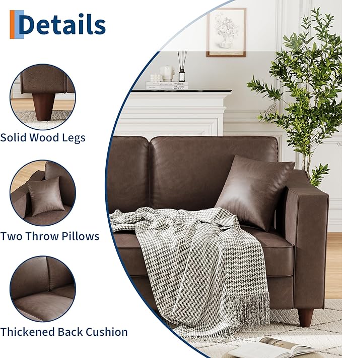Faux Leather Couch with 2 Throw Pillows, Sofa Couches for Living Room, 3 Seater Sofa with Wide Armrests, Wood Legs, Deep Seats, Back Cushion, Sturdy Support Feet, for Office, Living Room, Dark Brown