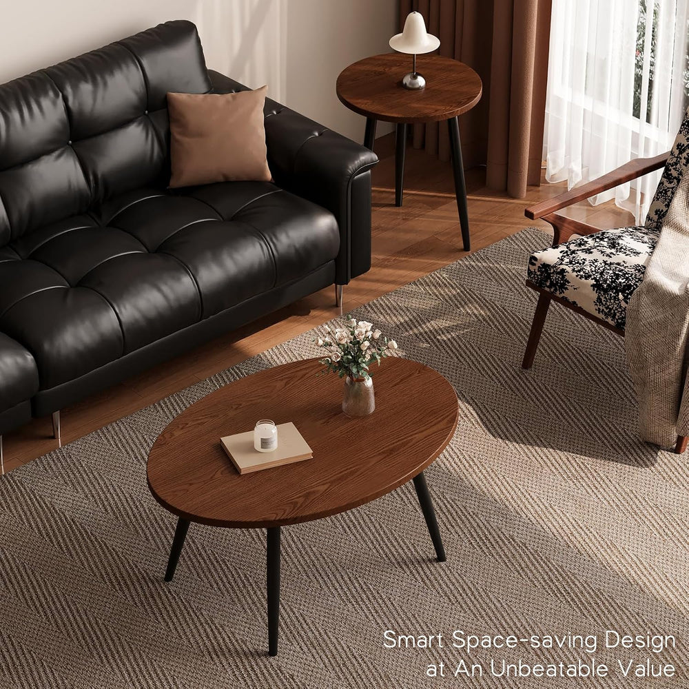 2 Pcs Small Oval Coffee Table,31.5" Retro Walnut Coffee Tables Nesting T...