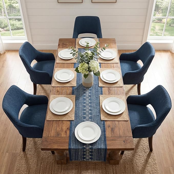 Farmhouse Dining Chairs Set of 2 Upholstered Linen Kitchen Chairs Accent Side Chair with Solid Wood Legs/Armrest for Living Room/Dining Room/Bedroom/Restaurant, Blue