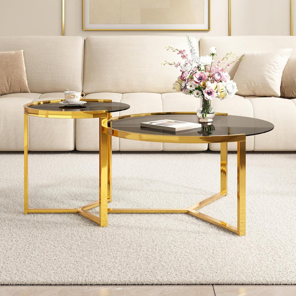31.5" Gold Round Nesting Coffee Table Set of 2, Modern Tempered Glass Co...