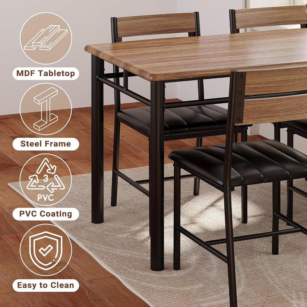 IRONCK Dining Table Set for 4, Walnut | Wood Kitchen Table with Upholstered C...