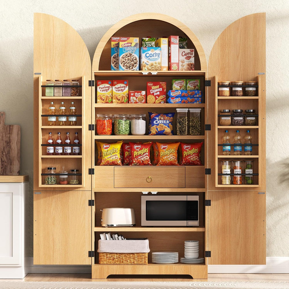 Tall Arched Kitchen Pantry Cabinet, Modern Fluted Wood Storage Cabinet with 8...