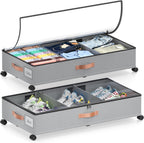 Under Bed Storage with Wheels, 2 Pack Under Bed Storage Containers with Dividers & Clear Lids, Under the bed storage Organizer Bins,Underbed Storage with Wheels for Clothes,Toys,Shoes (GREY)